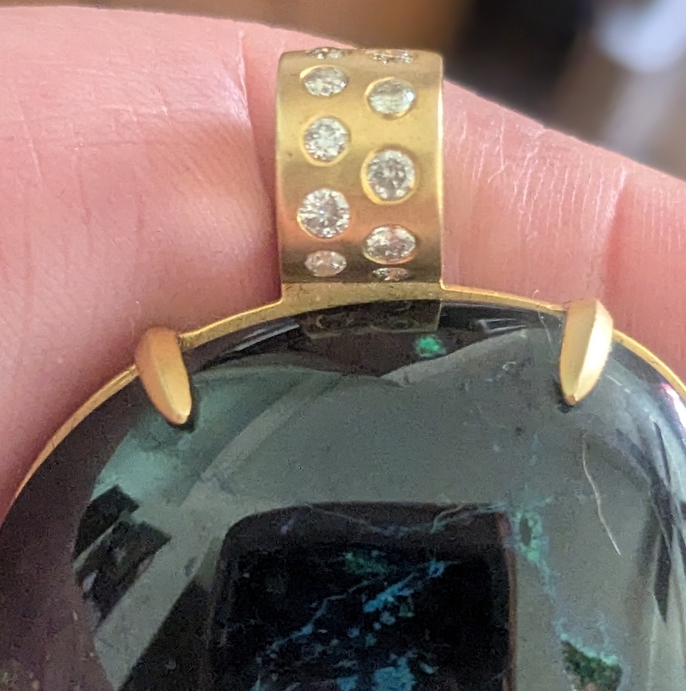 Amazing 10k Yellow Gold Diamond Bail Azurite Blue Gemstone Huge Pendant OOAK - Picture 14 of 16